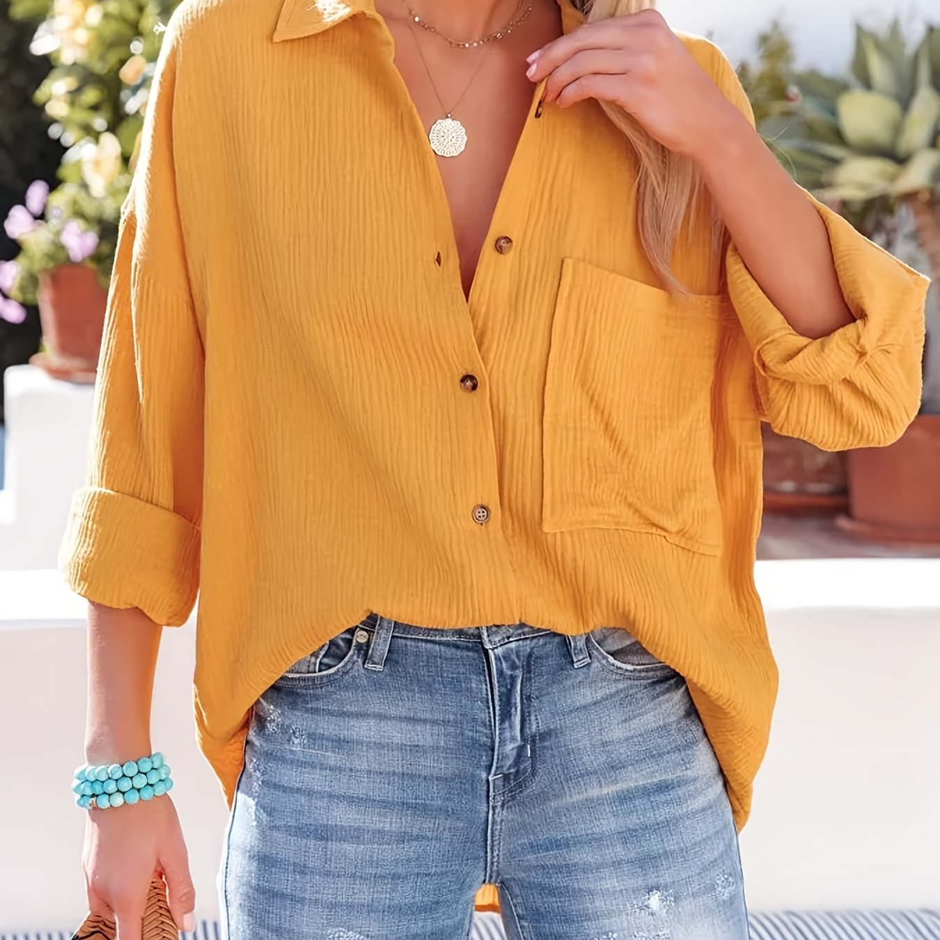 V-Neck Button Front Casual Shirt