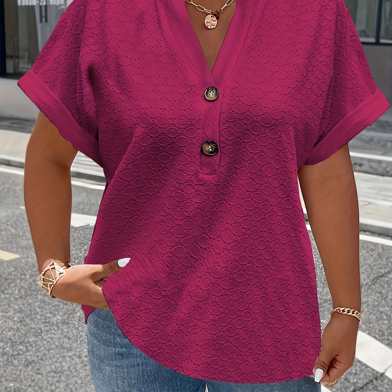 V-Neck Short Sleeve Blouse with Button Detail