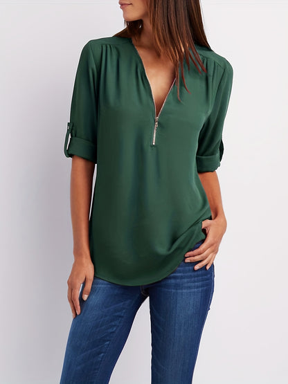 Ruched Sleeve Zip V-Neck Blouse