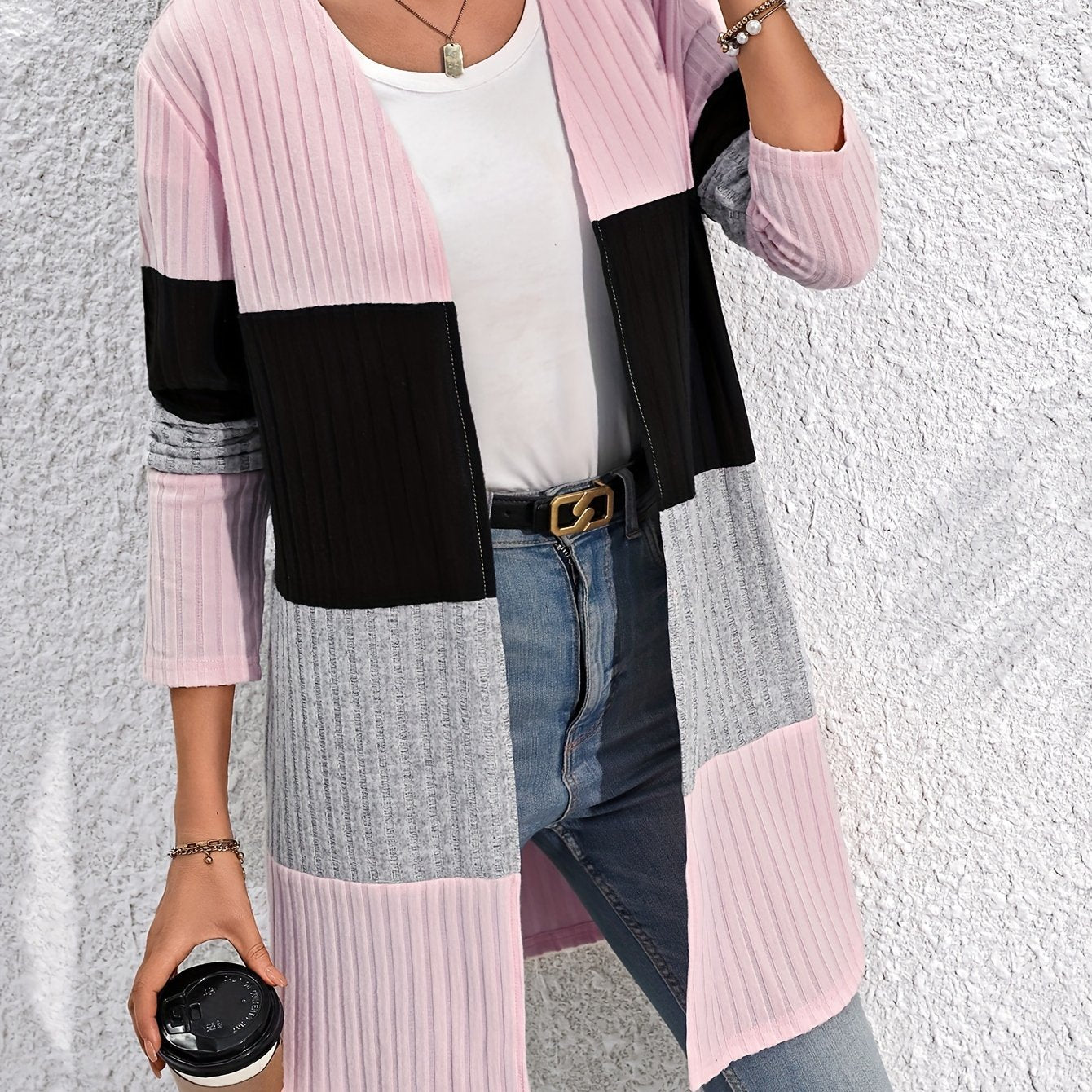 Colorblock Ribbed Open Cardigan