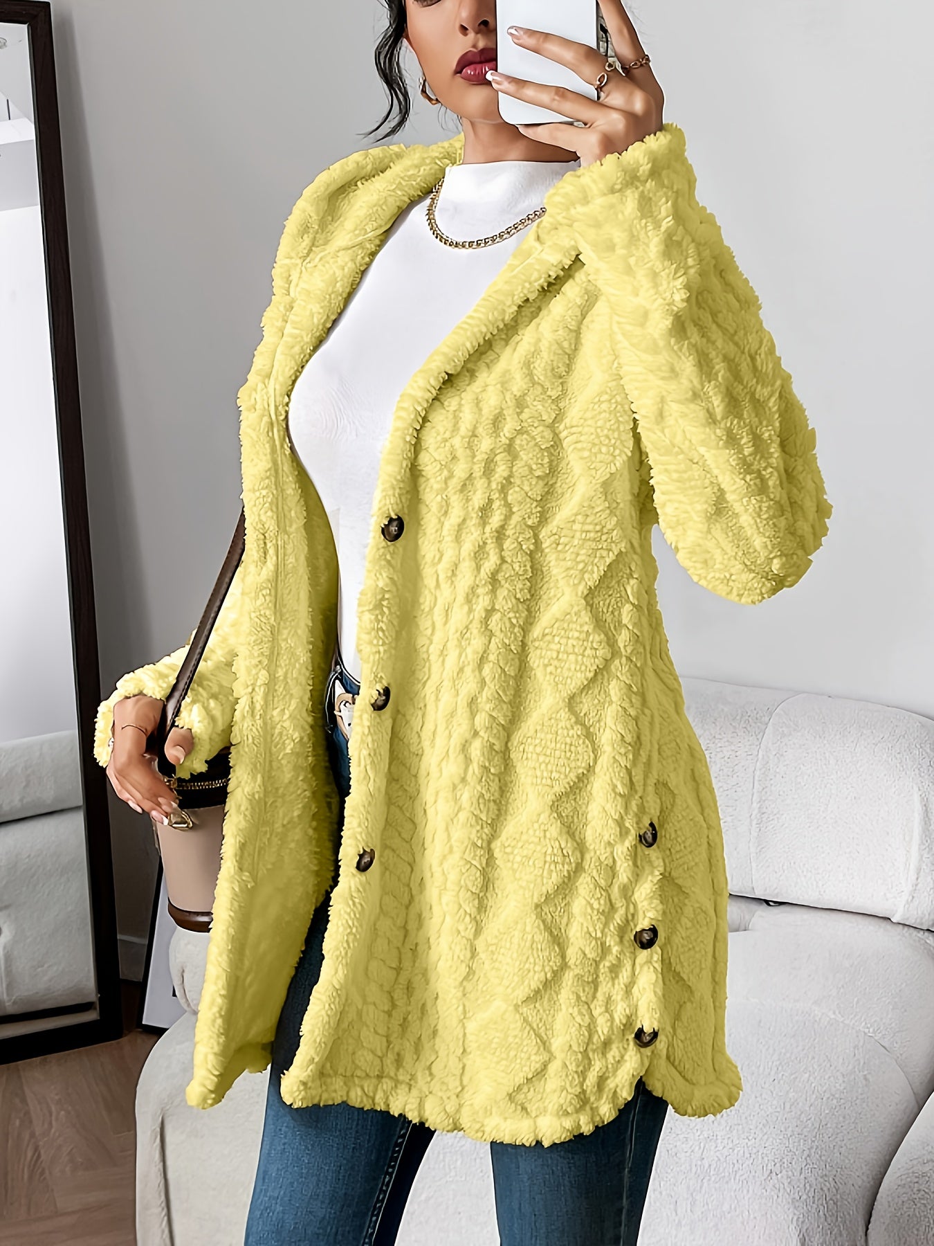Plush Hooded Argyle Cardigan Coat