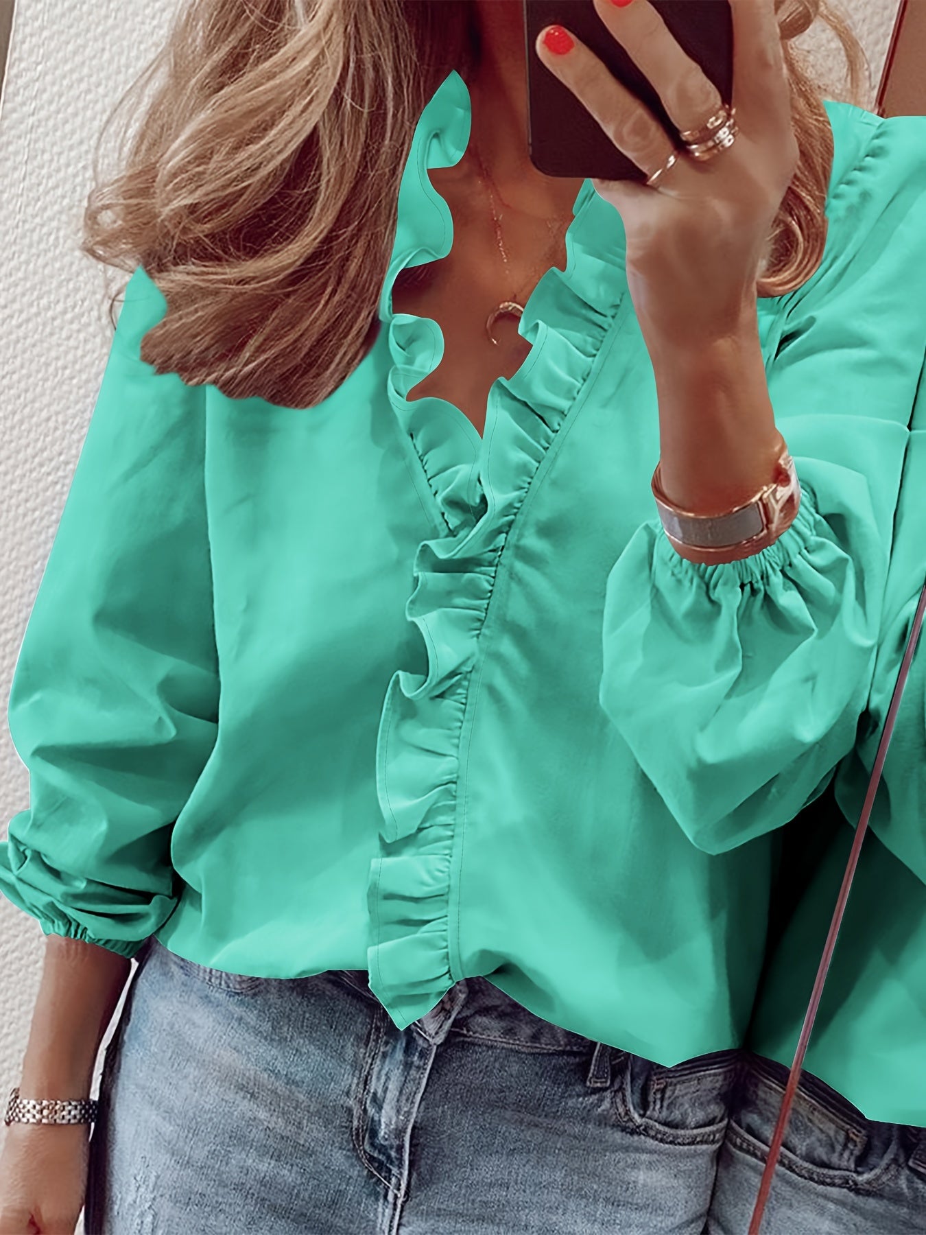 Ruffled V-Neck Loose Blouse