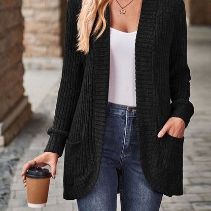 Ribbed Open Front Cardigan with Pockets