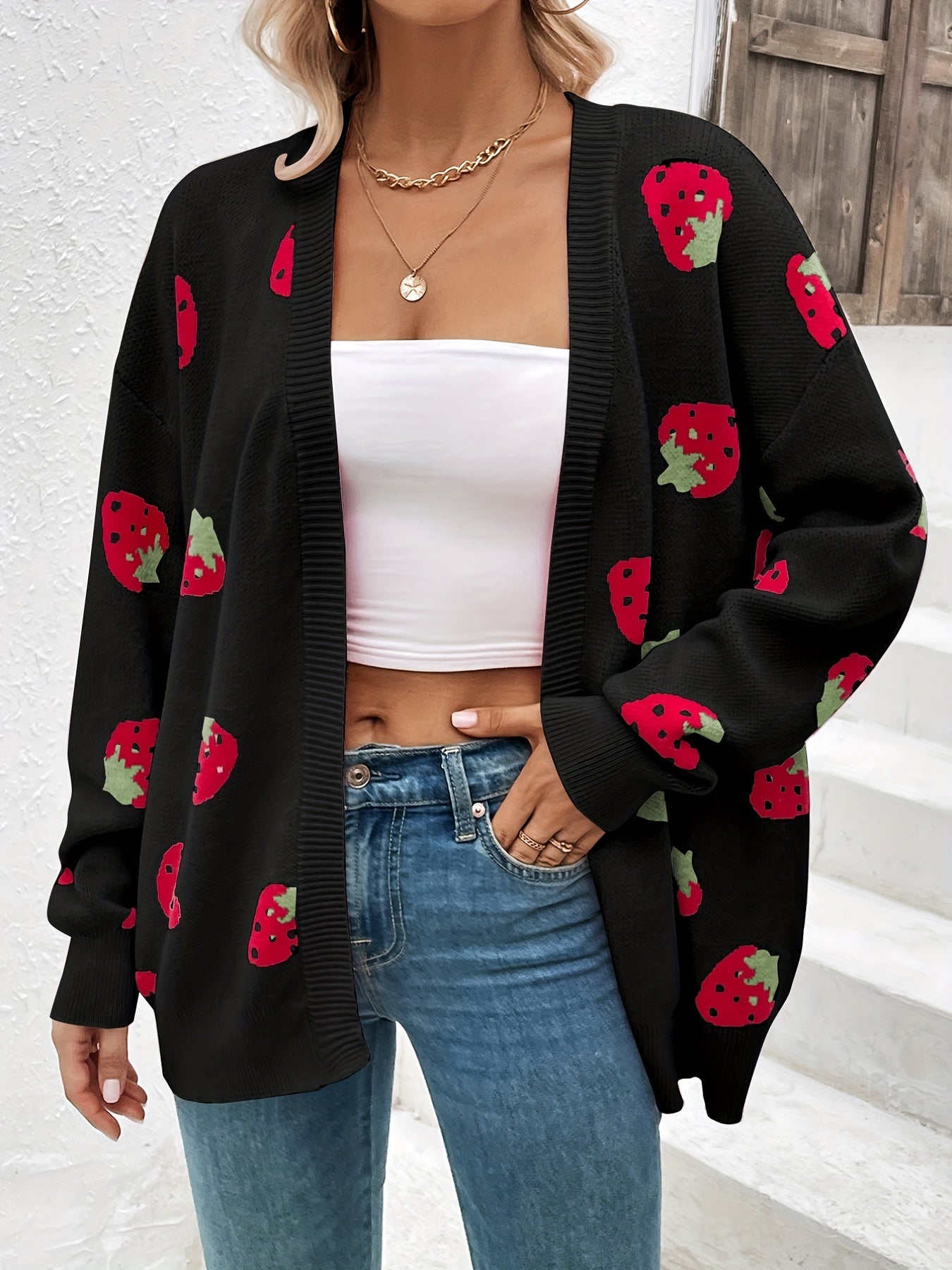 Strawberry Print Open Front Cardigan