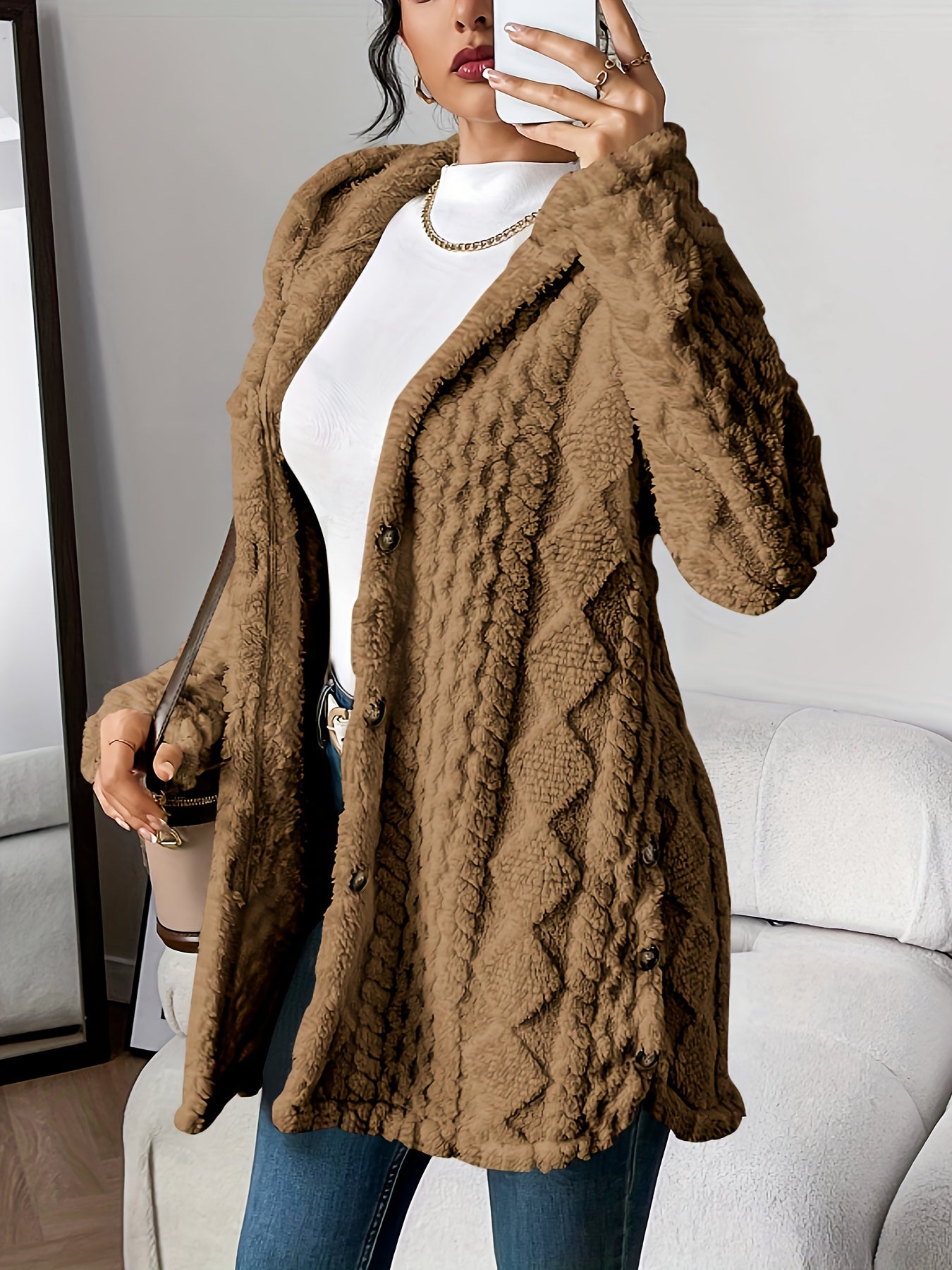 Plush Hooded Argyle Cardigan Coat