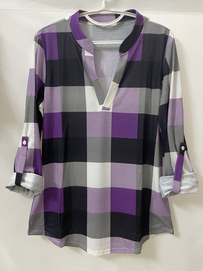 Plaid V-Neck Long Sleeve Shirt