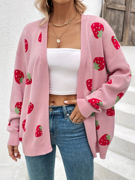 Strawberry Print Open Front Cardigan
