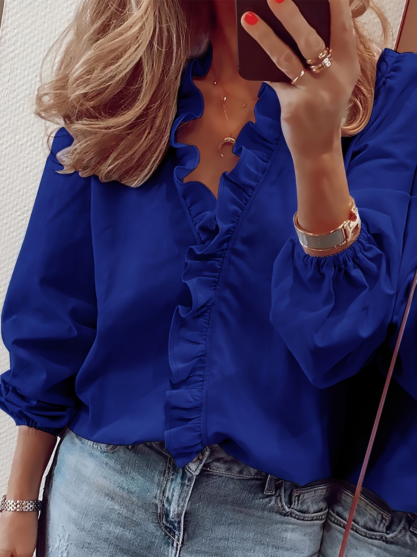 Ruffled V-Neck Loose Blouse