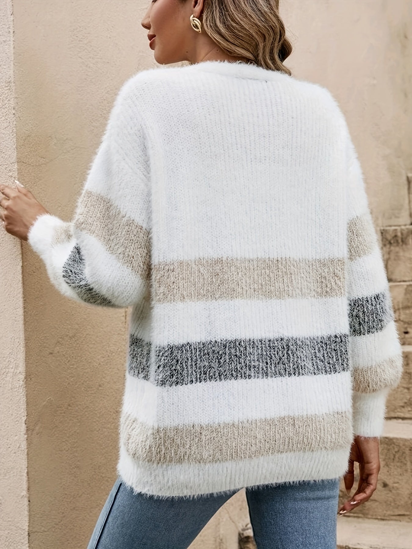 Striped Deep V-Neck Cardigan