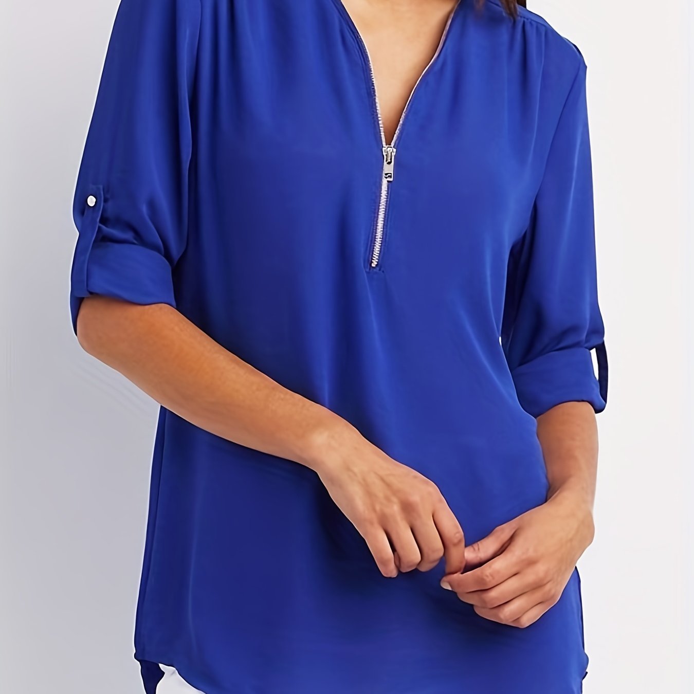 Ruched Sleeve Zip V-Neck Blouse