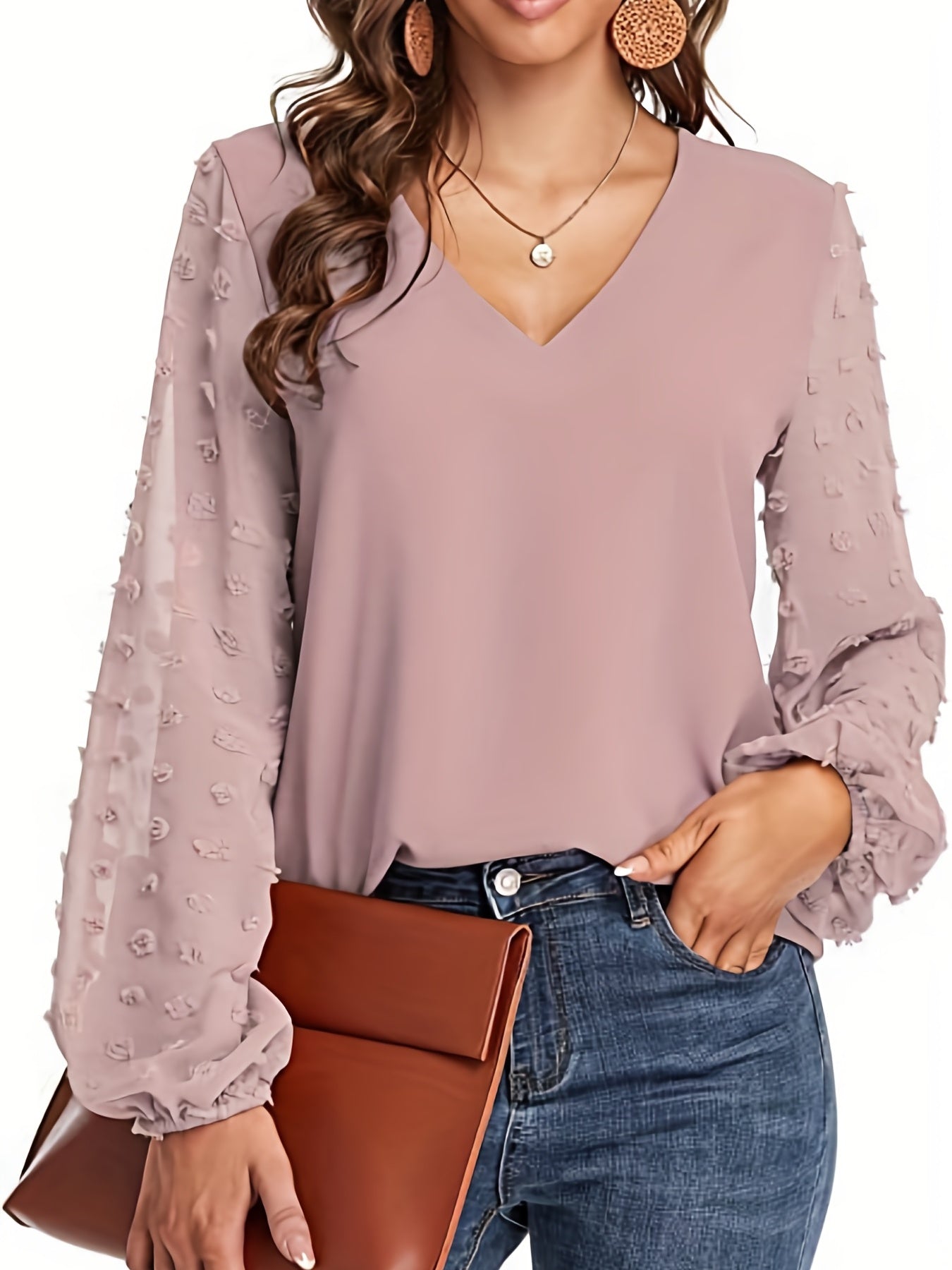 V-Neck Shirt with Swiss Dot Sleeves