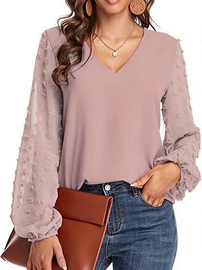 V-Neck Shirt with Swiss Dot Sleeves