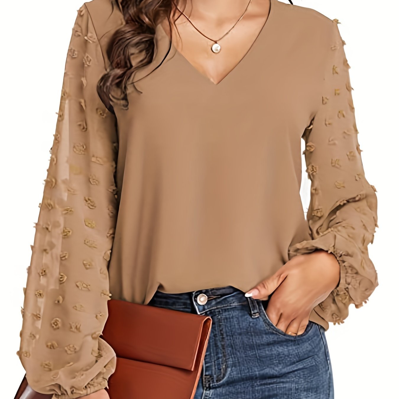 V-Neck Shirt with Swiss Dot Sleeves