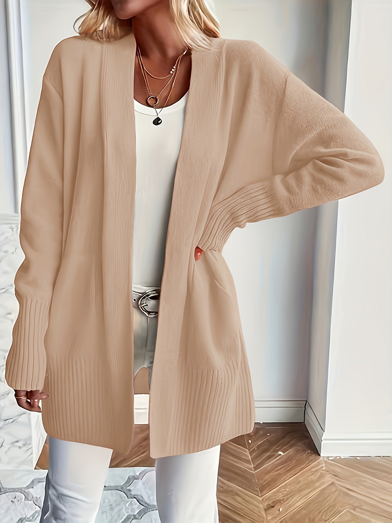 Elegant Open Front Cardigan with Pockets