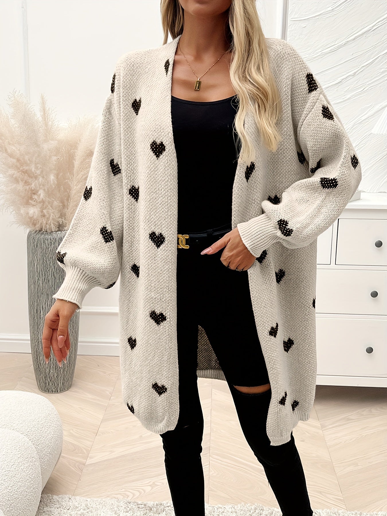 Heart Pattern Open Front Cardigan