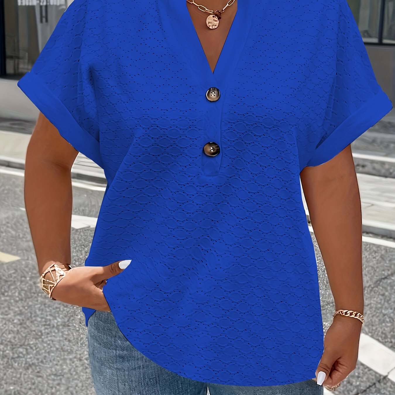 V-Neck Short Sleeve Blouse with Button Detail