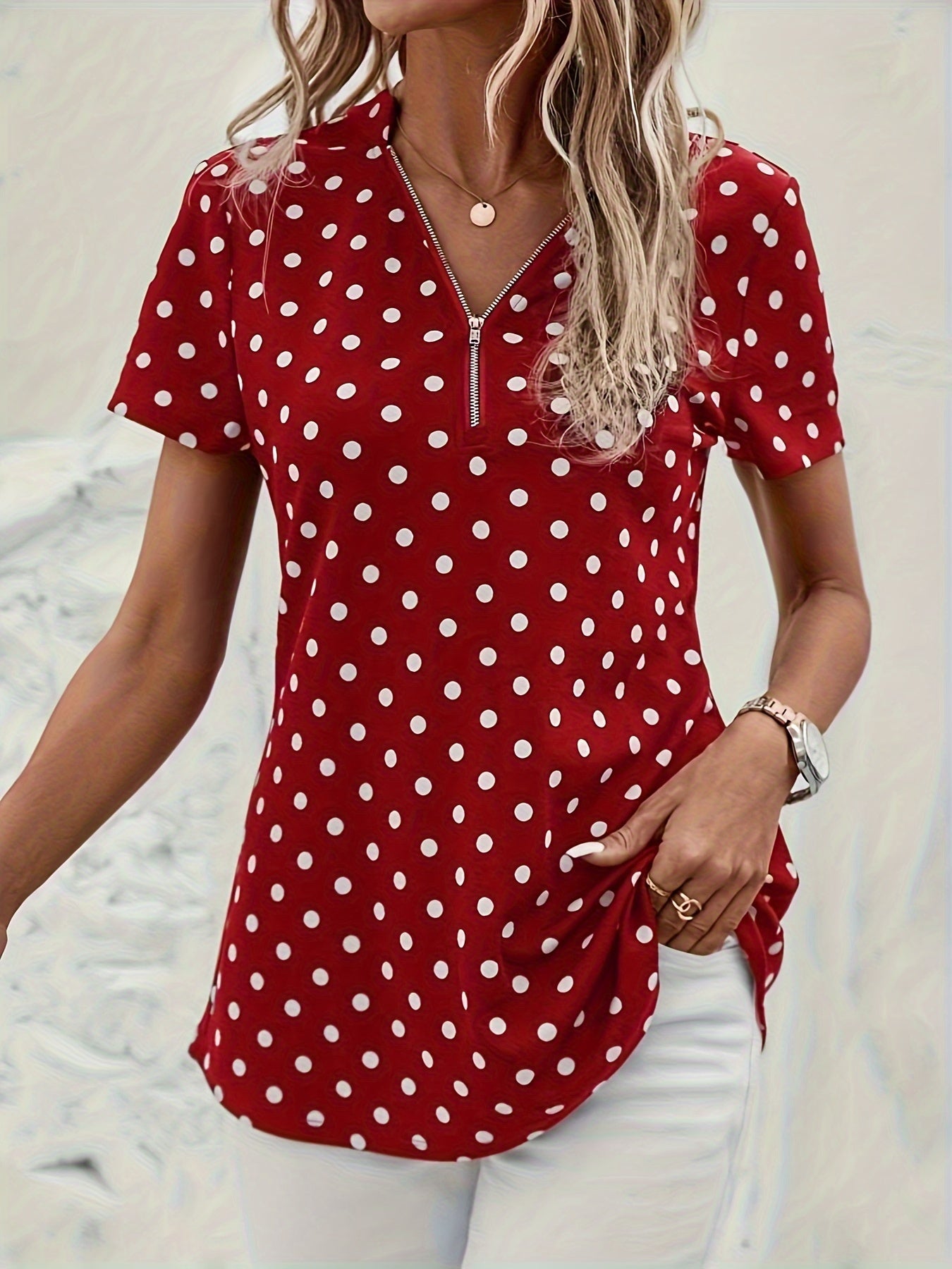 Polka Dot V-Neck Zipper Blouse
