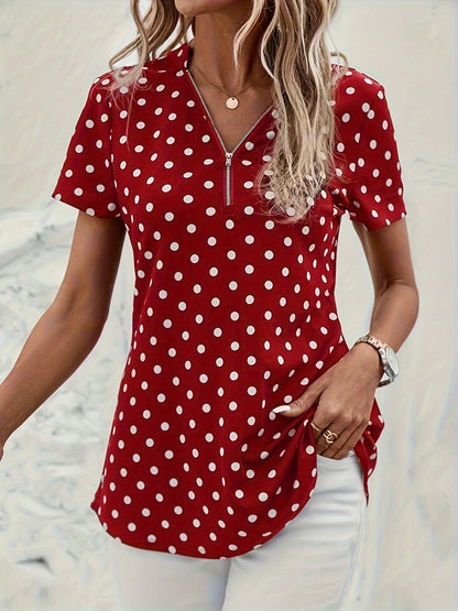 Polka Dot V-Neck Zipper Blouse