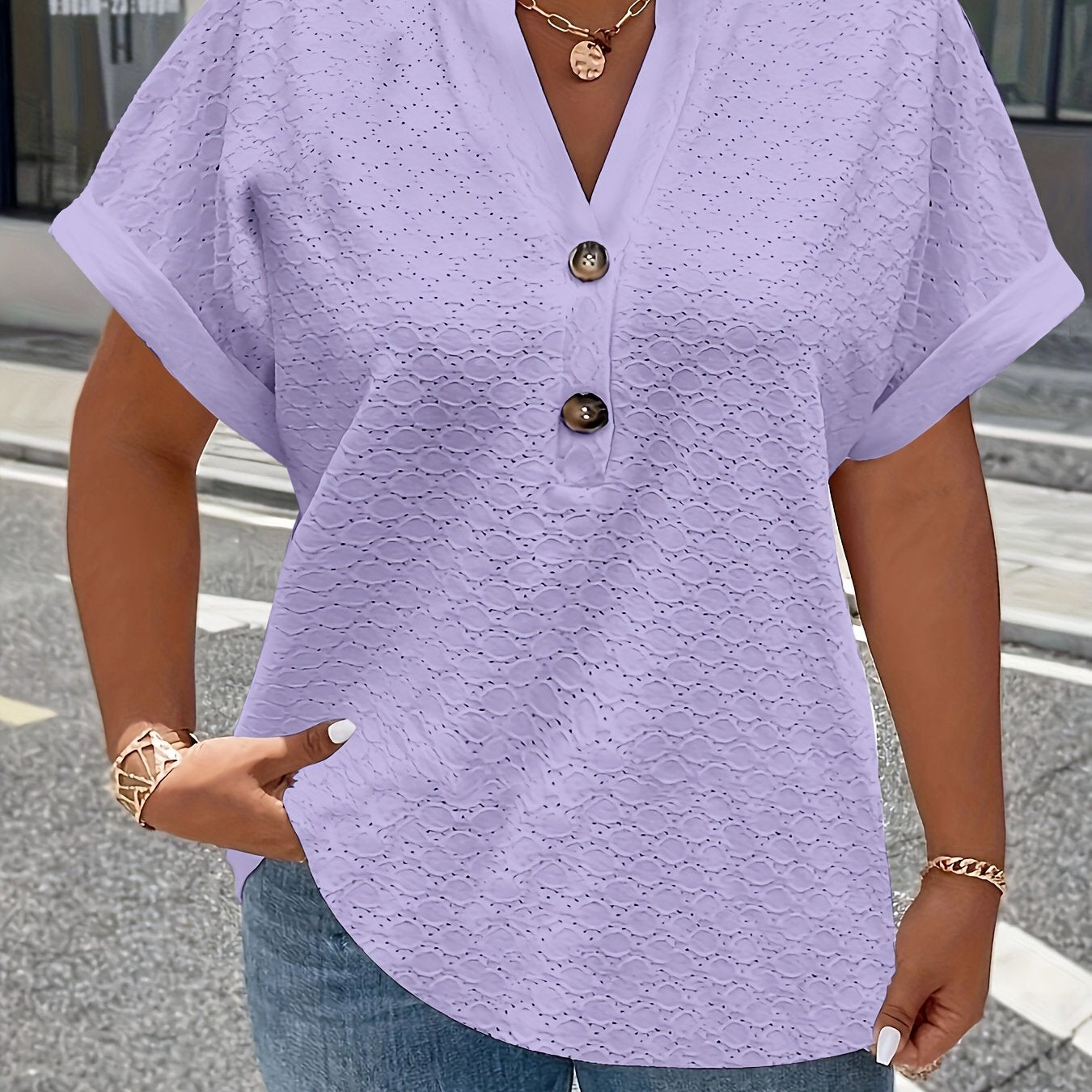 V-Neck Short Sleeve Blouse with Button Detail