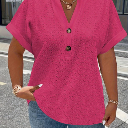 V-Neck Short Sleeve Blouse with Button Detail