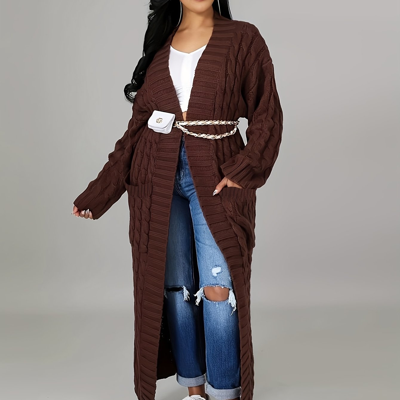 Extra-Long Cable Knit Cardigan
