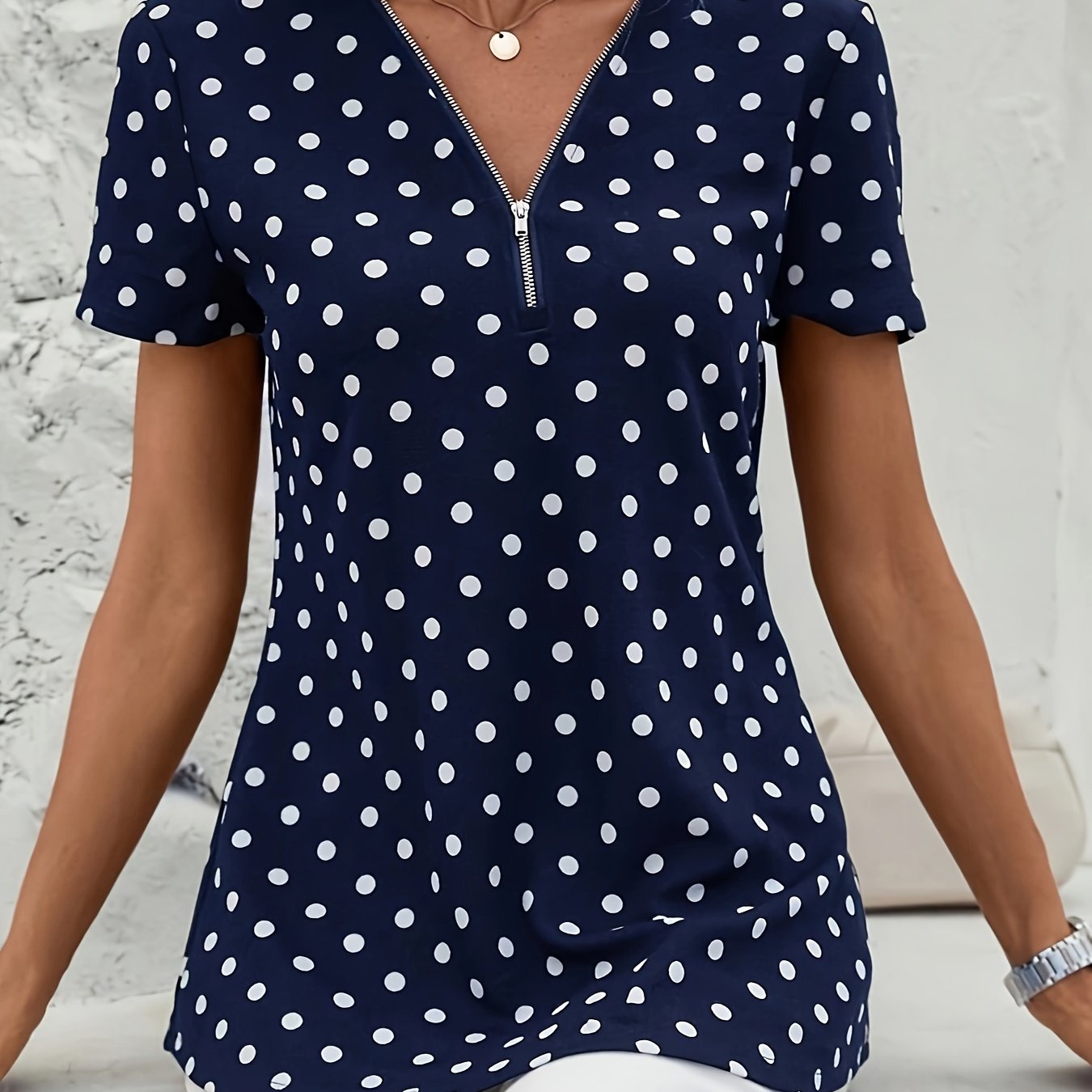 Polka Dot V-Neck Zipper Blouse