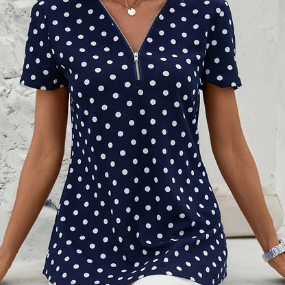 Polka Dot V-Neck Zipper Blouse