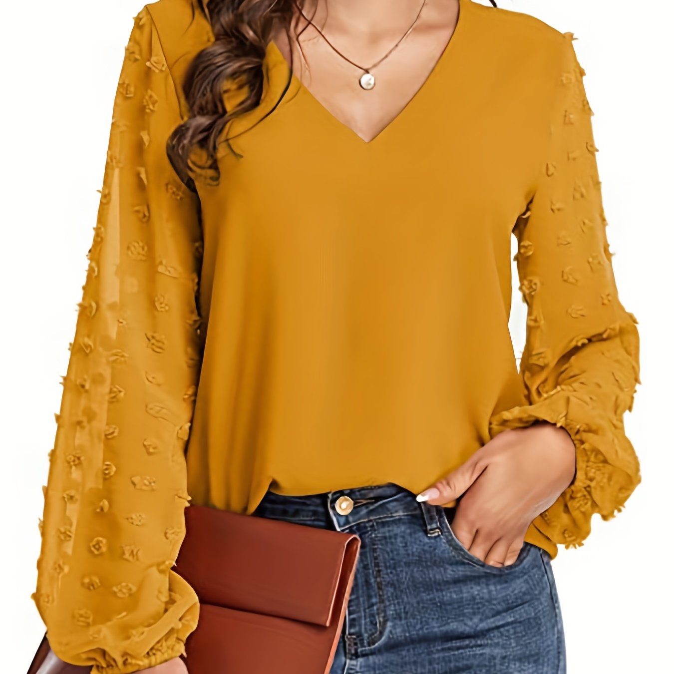 V-Neck Shirt with Swiss Dot Sleeves