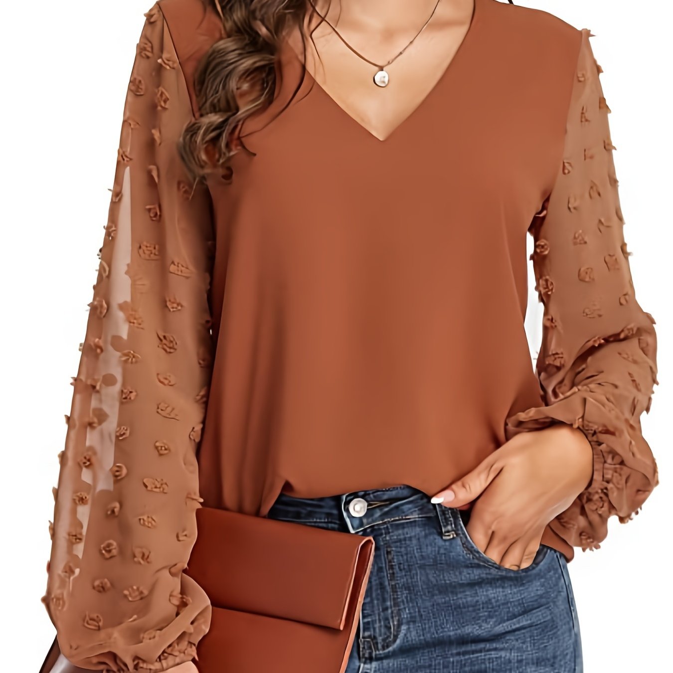 V-Neck Shirt with Swiss Dot Sleeves