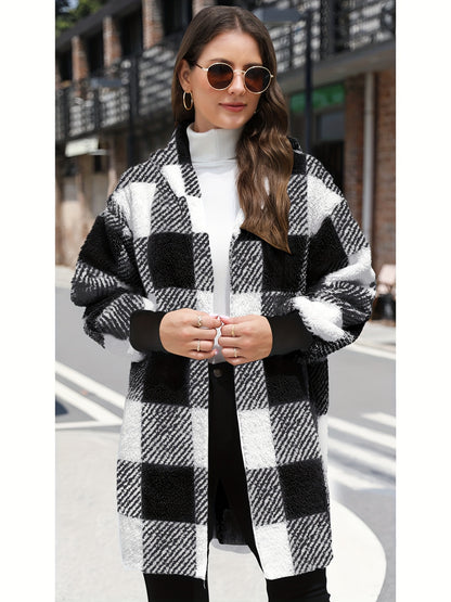 Plaid Fleece Hooded Cardigan Jacket