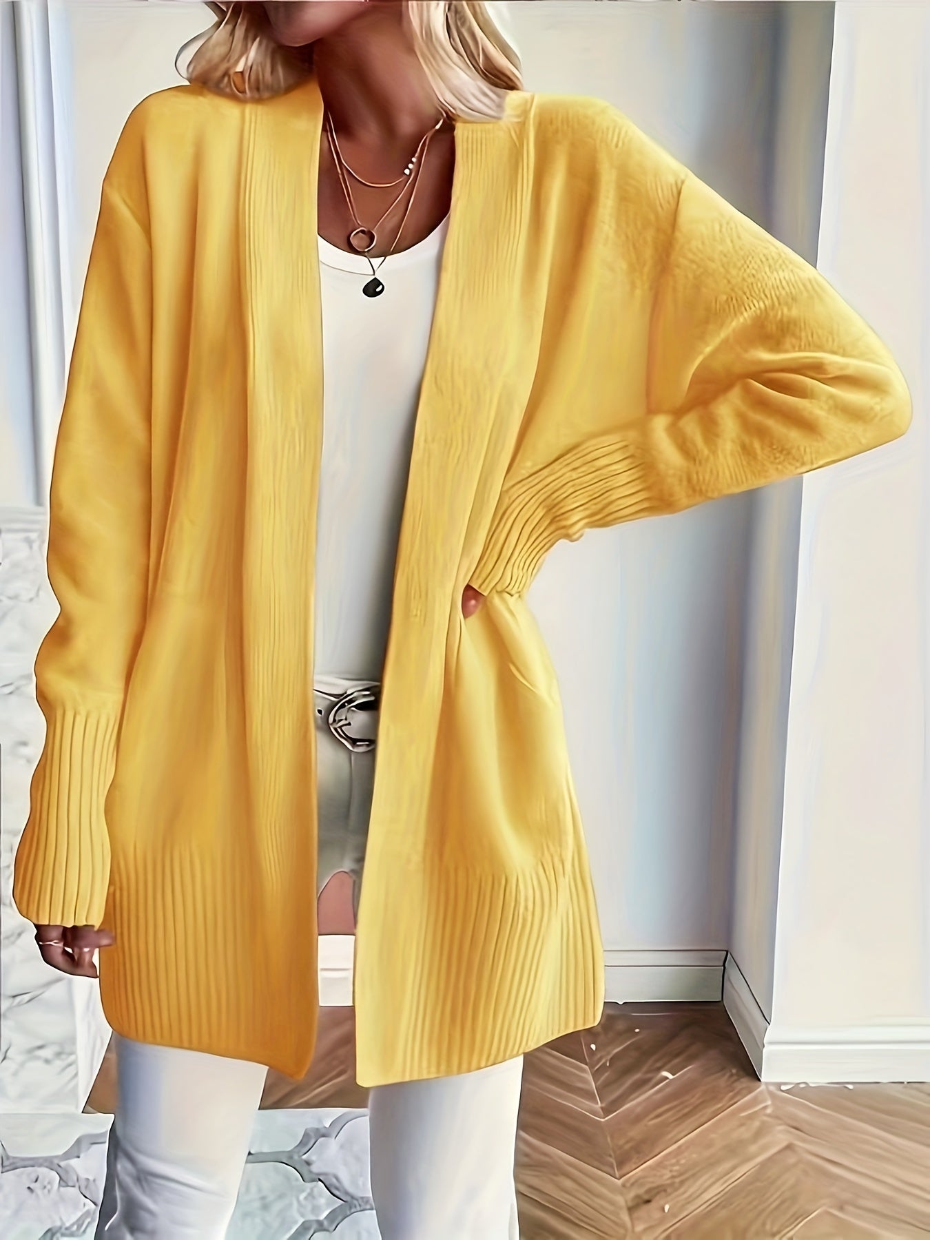 Elegant Open Front Cardigan with Pockets