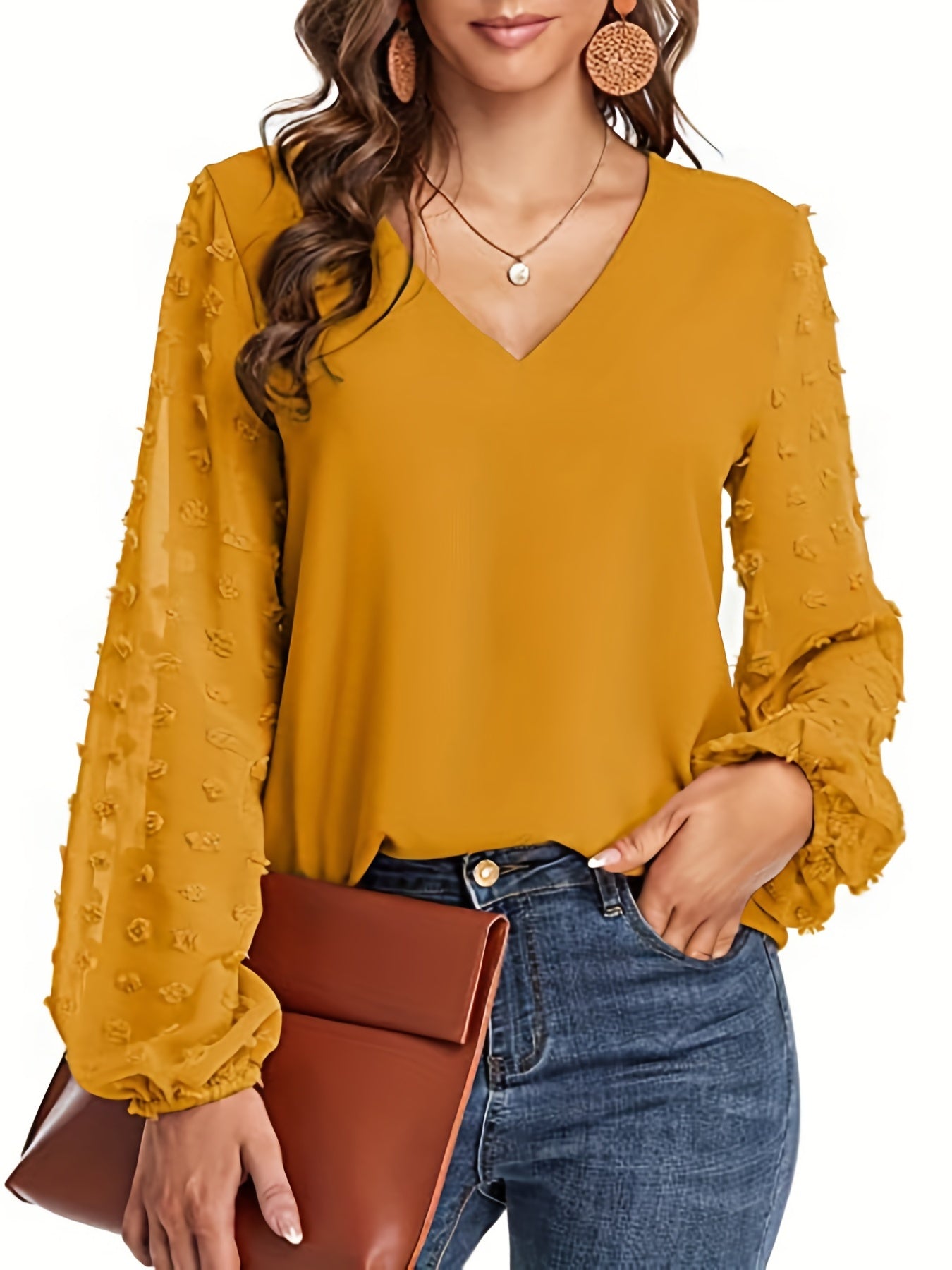 V-Neck Shirt with Swiss Dot Sleeves