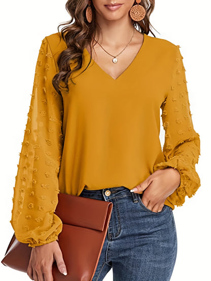 V-Neck Shirt with Swiss Dot Sleeves