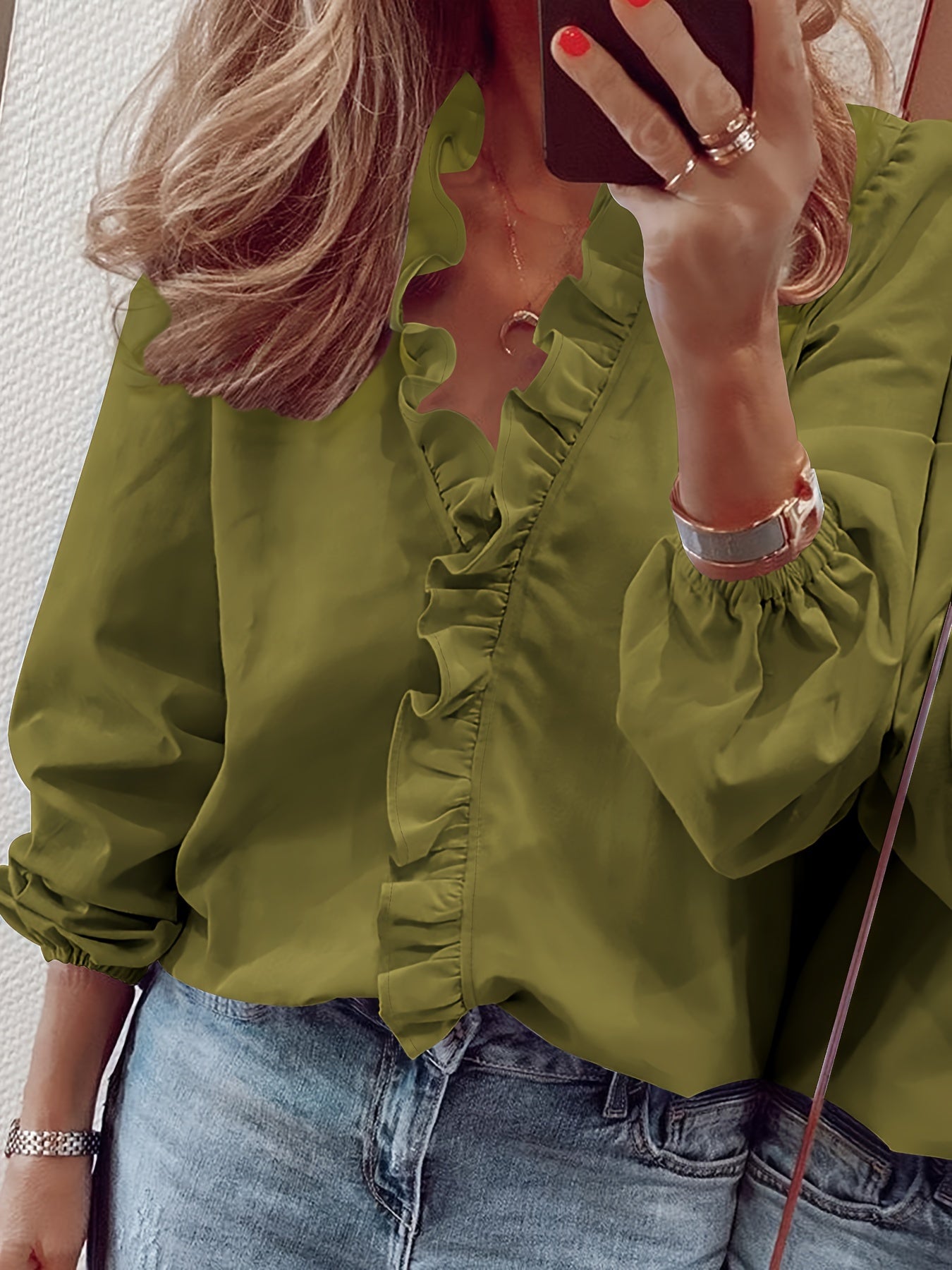 Ruffled V-Neck Loose Blouse