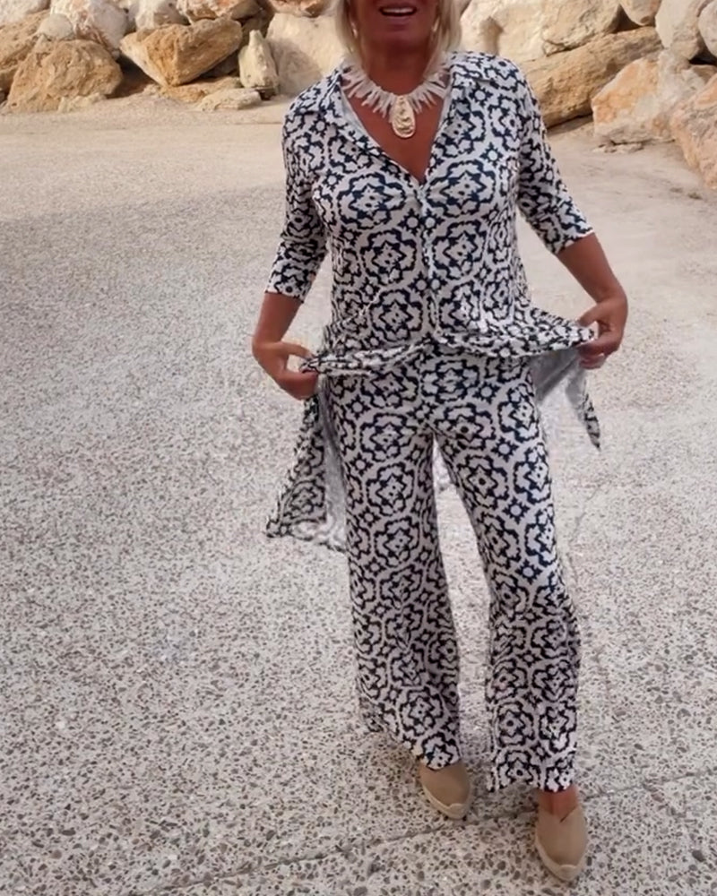 Vintage Printed Two-Piece Set – Blouse & Pants