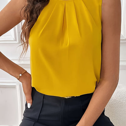 Sleeveless Crew Neck Tuck Blouse