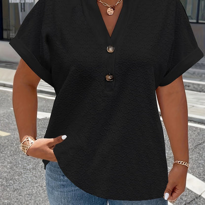 V-Neck Short Sleeve Blouse with Button Detail