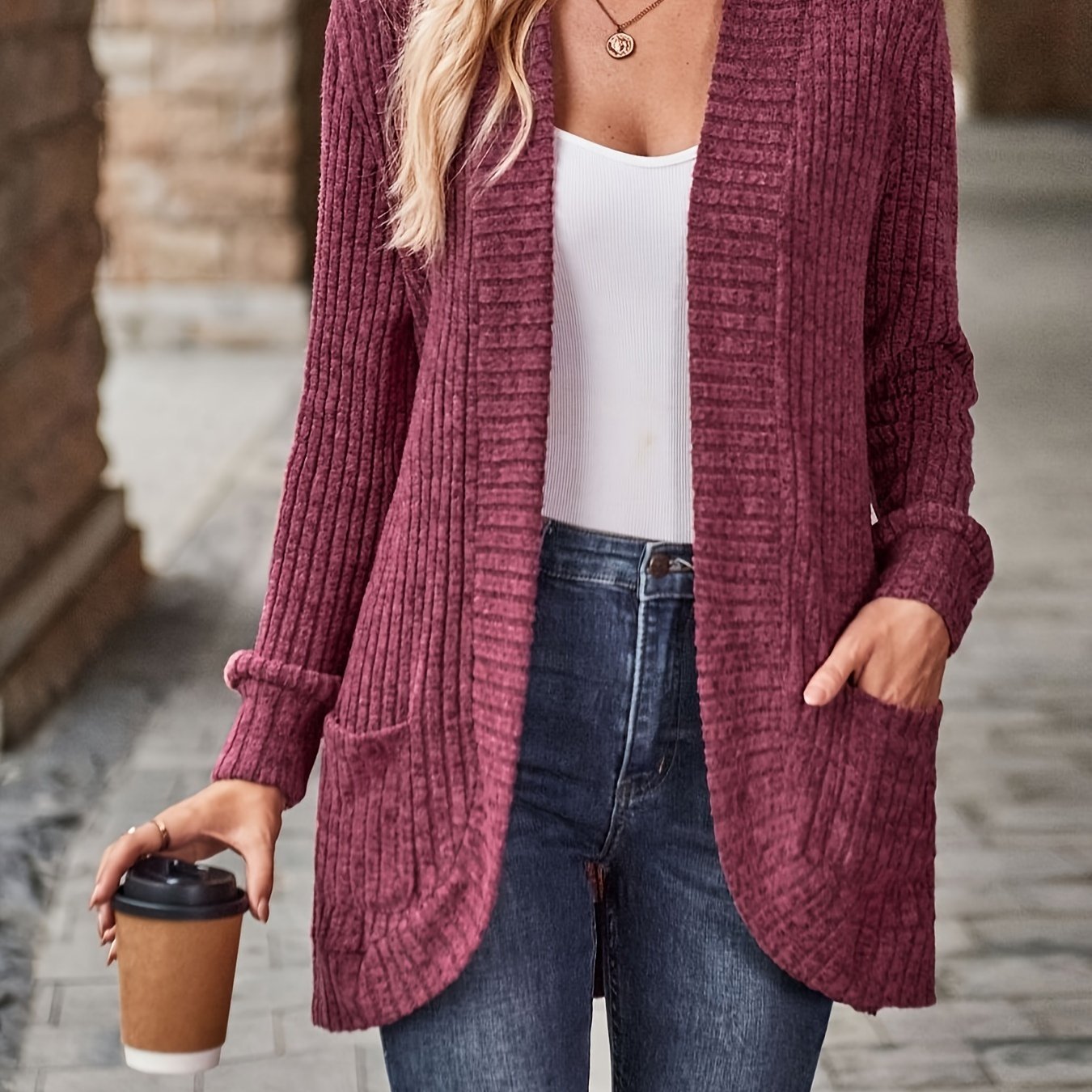 Ribbed Open Front Cardigan with Pockets