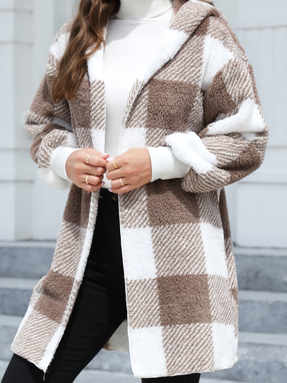 Plaid Fleece Hooded Cardigan Jacket