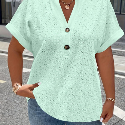 V-Neck Short Sleeve Blouse with Button Detail
