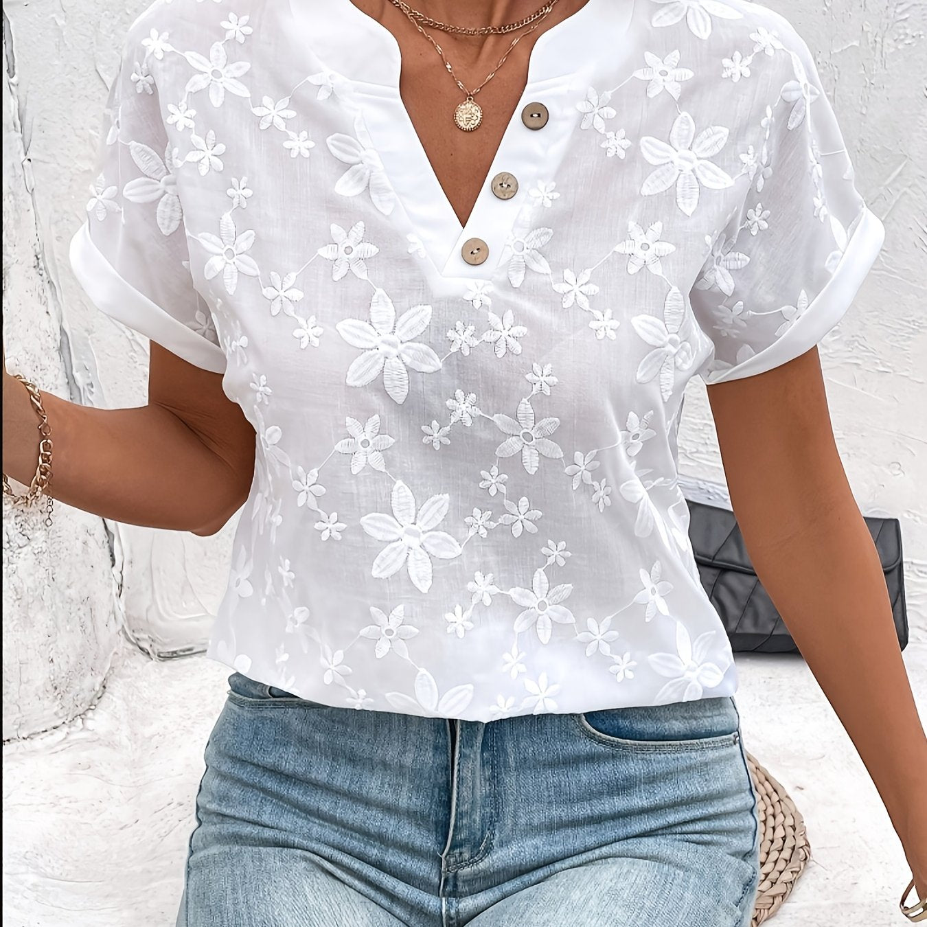 Floral V-Neck Batwing Sleeve Shirt