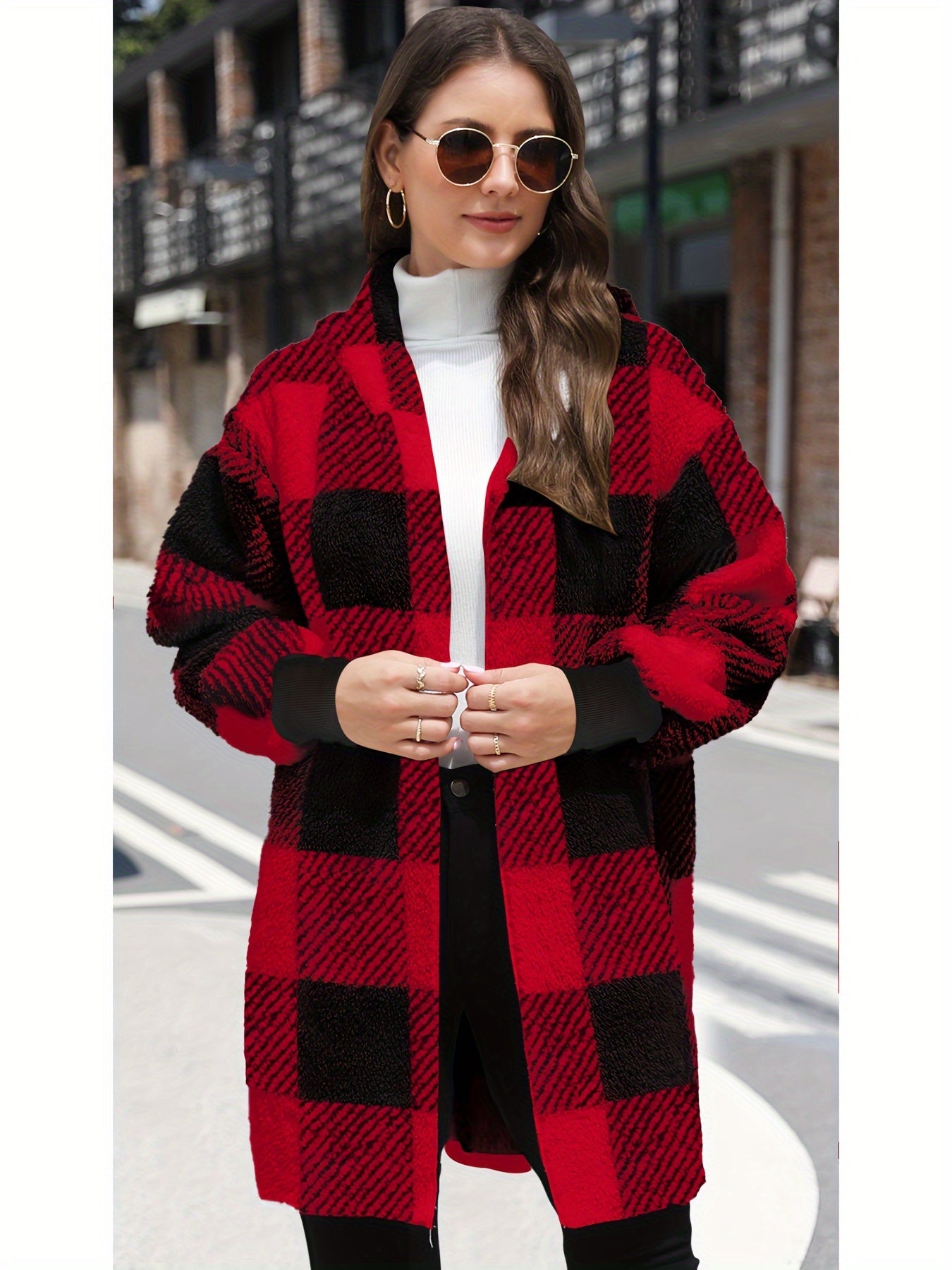 Plaid Fleece Hooded Cardigan Jacket