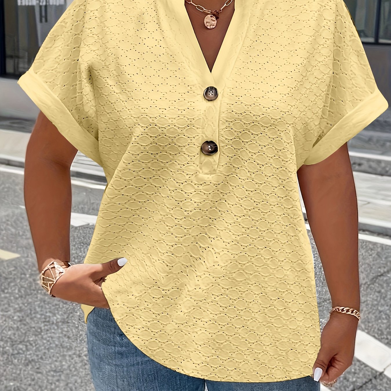 V-Neck Short Sleeve Blouse with Button Detail
