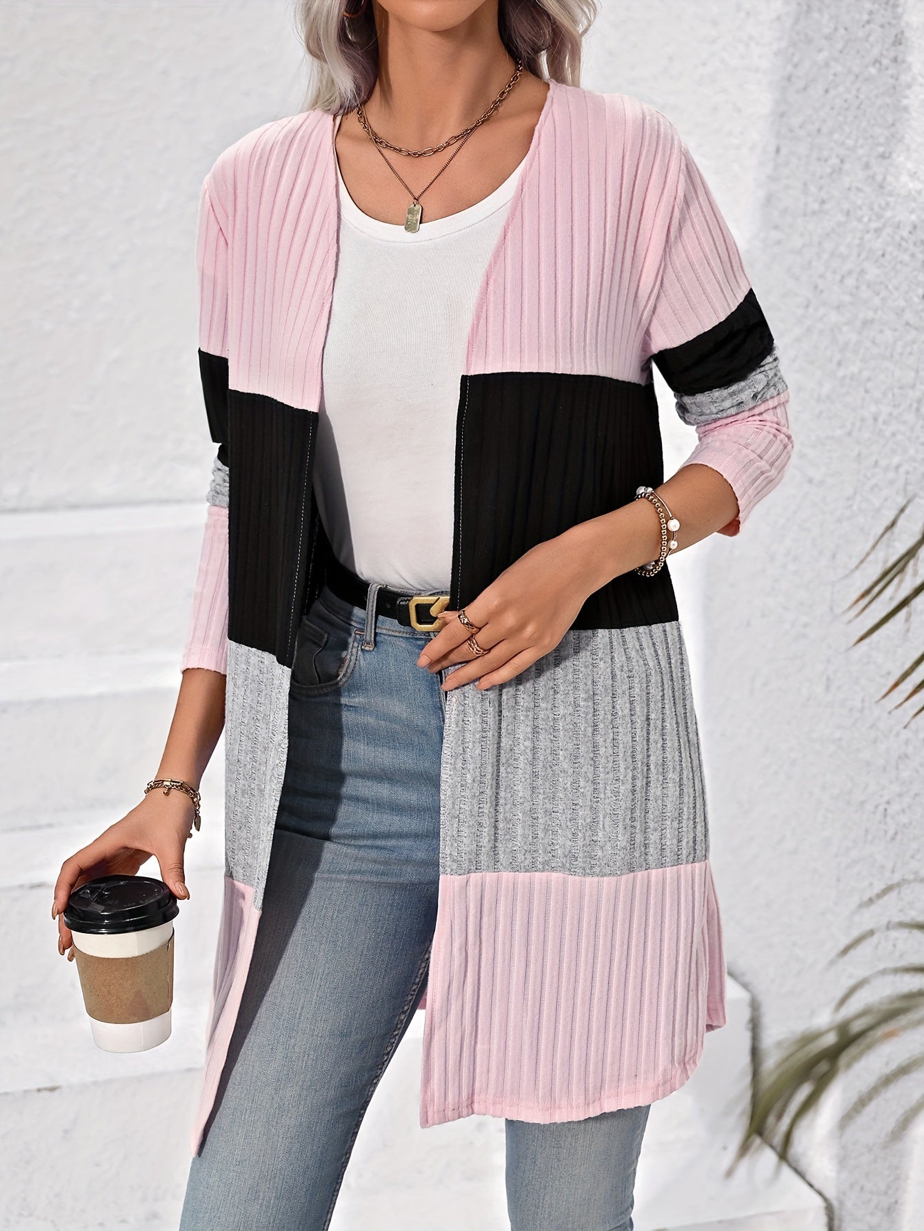 Colorblock Ribbed Open Cardigan