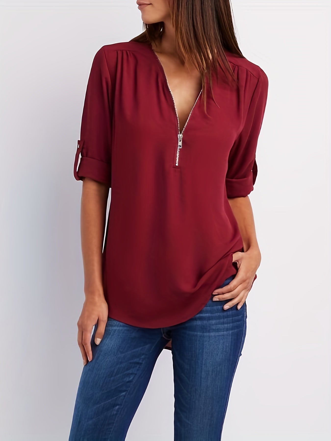 Ruched Sleeve Zip V-Neck Blouse