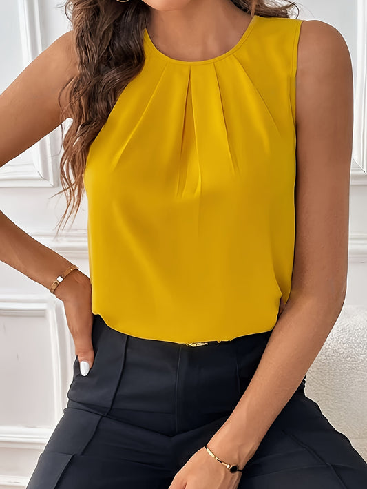 Sleeveless Crew Neck Tuck Blouse