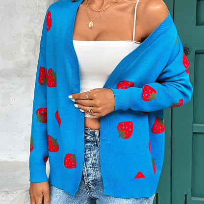 Strawberry Print Open Front Cardigan