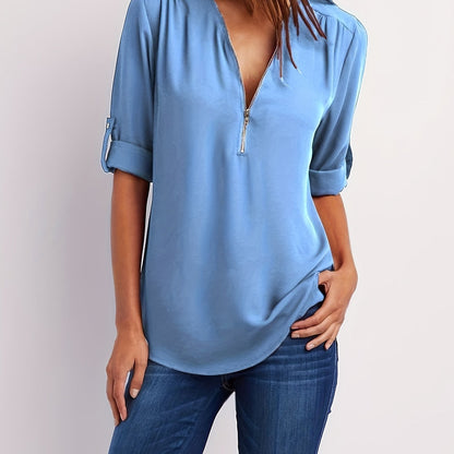 Ruched Sleeve Zip V-Neck Blouse