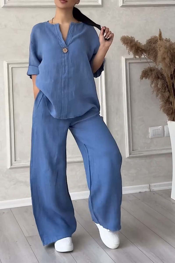 Two-Piece Cotton & Linen Set with Decorative Buttons