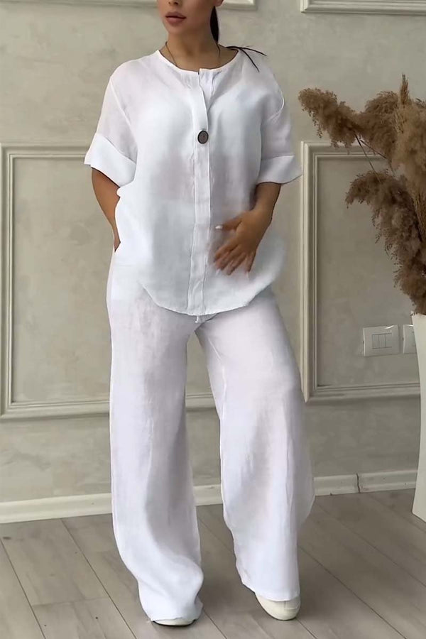 Two-Piece Cotton & Linen Set with Decorative Buttons